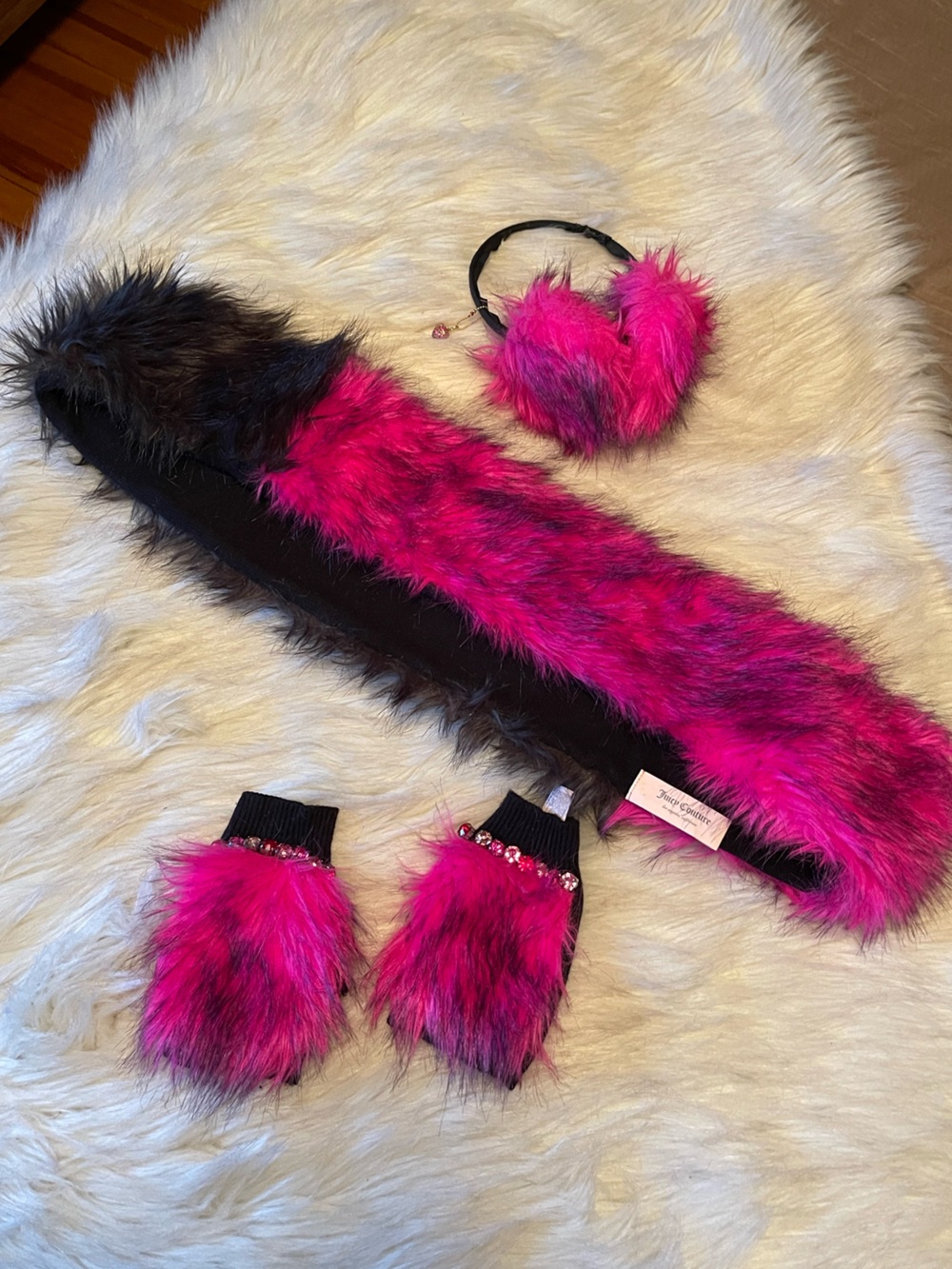 Vintage Y2K Juicy Couture pink and black faux fur scarf, earmuffs, gloves set